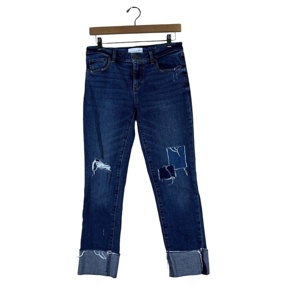 LOFT Modern Straight Patchwork Distressed Denim Jeans Blue Boho Size 27 4